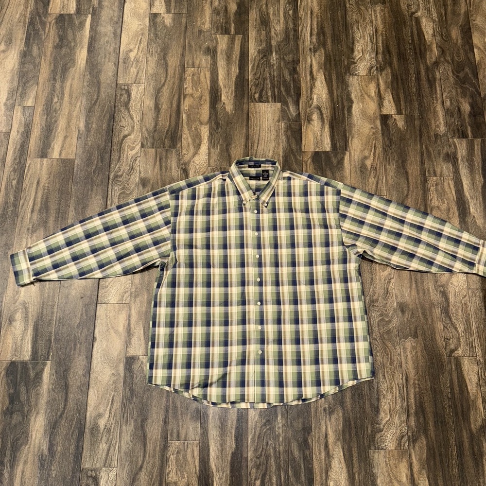Van Heusen Wrinkle Free Green & Blue Plaid Button Down Shirt Men's Size 2XL